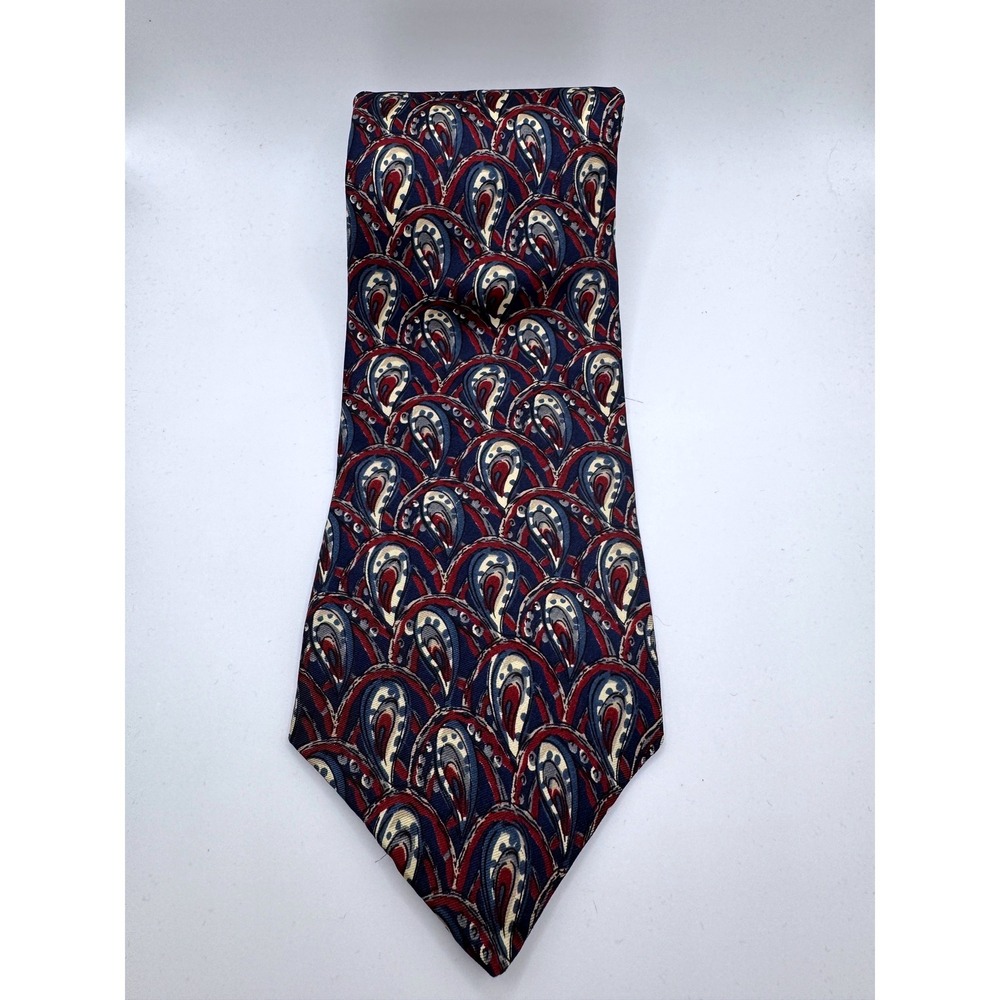 IZOD Mens Silk Necktie Navy Blue Burgundy Cream Paisley Print USA Made Classic